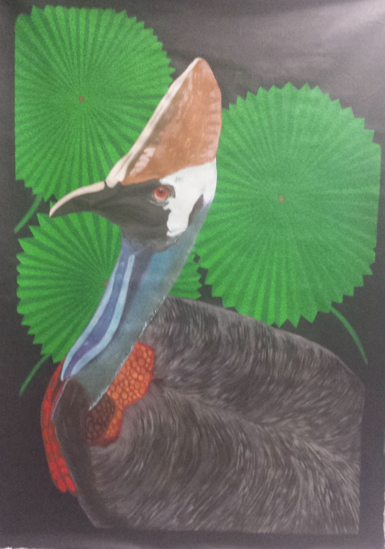 (CreativeWork) Cassowary (Djabugay symbolic animal) by Dennis Hunter. Acrylic. Shop online at Bluethumb.