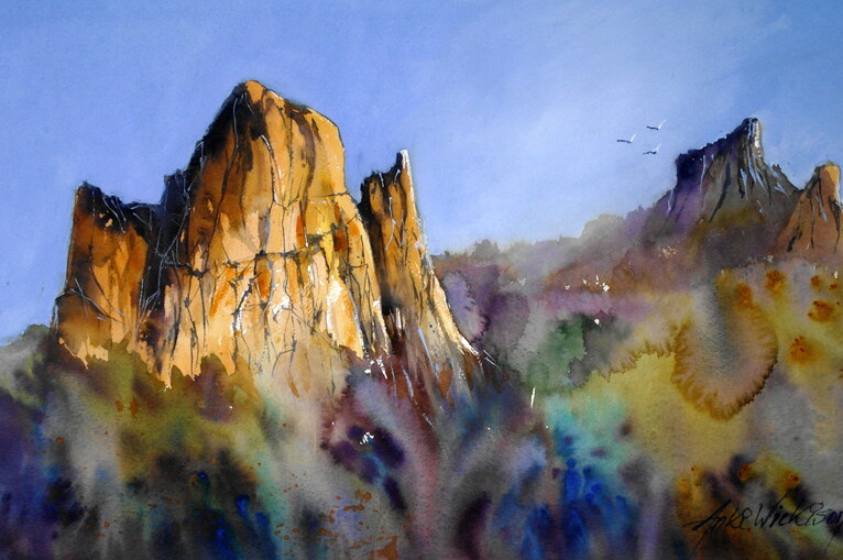 (CreativeWork) CATHEDRAL ROCK NSW by Lena "Anki " Wickison. Watercolour. Shop online at Bluethumb.